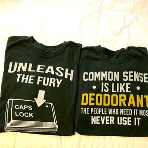 2 large forest green t-shirts with funny memes. Both for 6